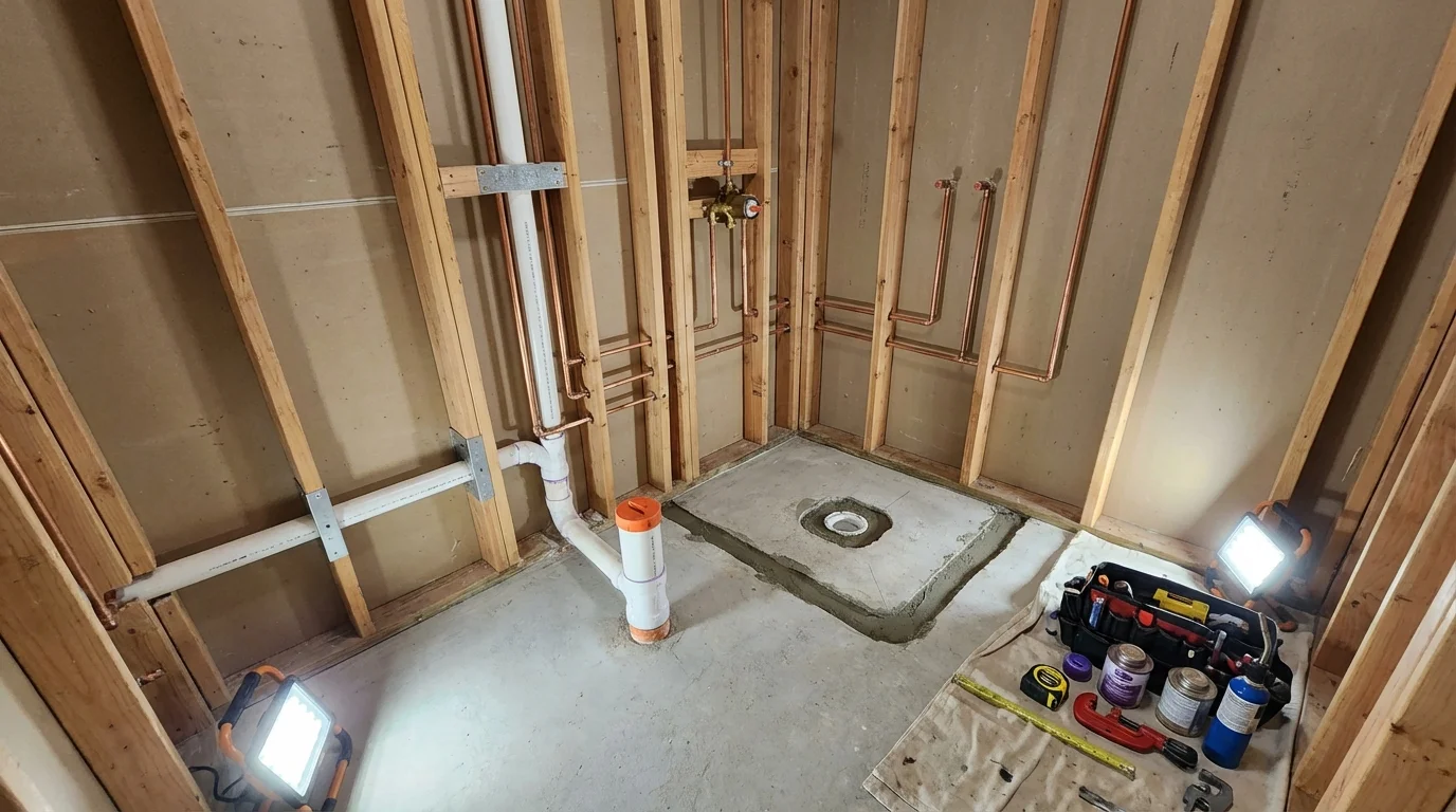 Bathroom rough-in plumbing during remodel by Johns Plumbing LLC in Clyde