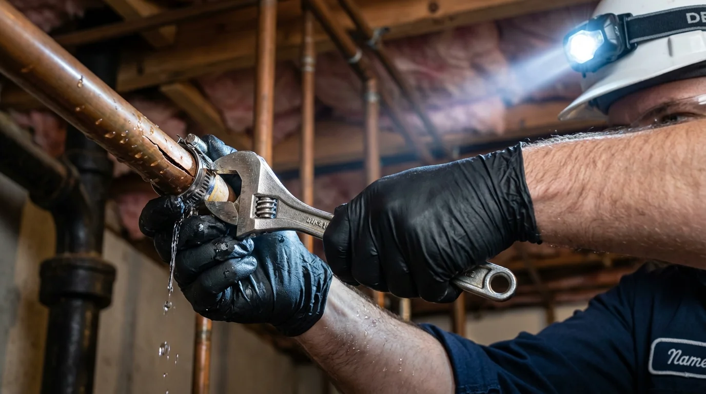 Emergency pipe clamp repair being performed by a Johns Plumbing LLC plumber in Clyde