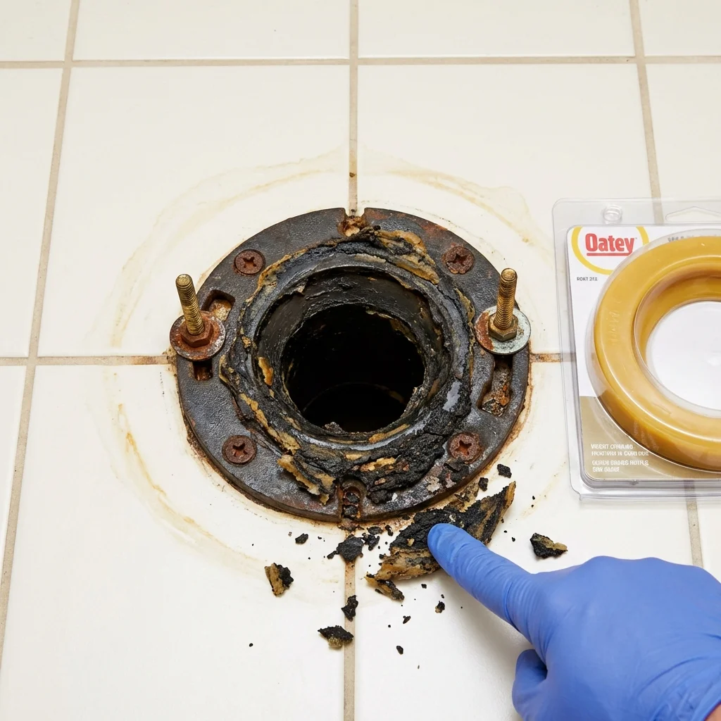 Failed wax ring showing water seepage at the base of a toilet in a Clyde, NY home