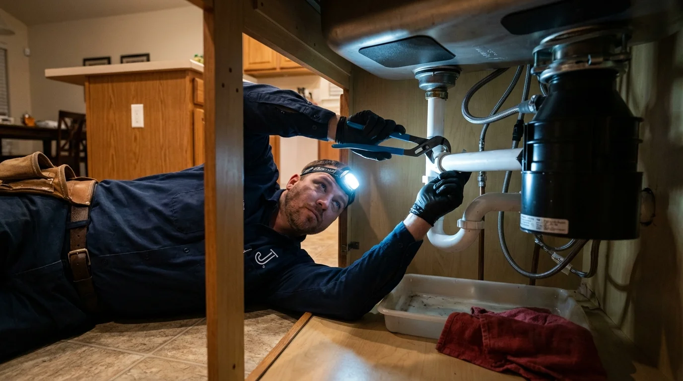 P-trap and supply line connections under a kitchen sink showing a common leak point in Clyde, NY